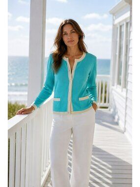 Talbots Pure Cashmere Button Up Cardigan Sweater Womens Large Aqua With Cream Tr